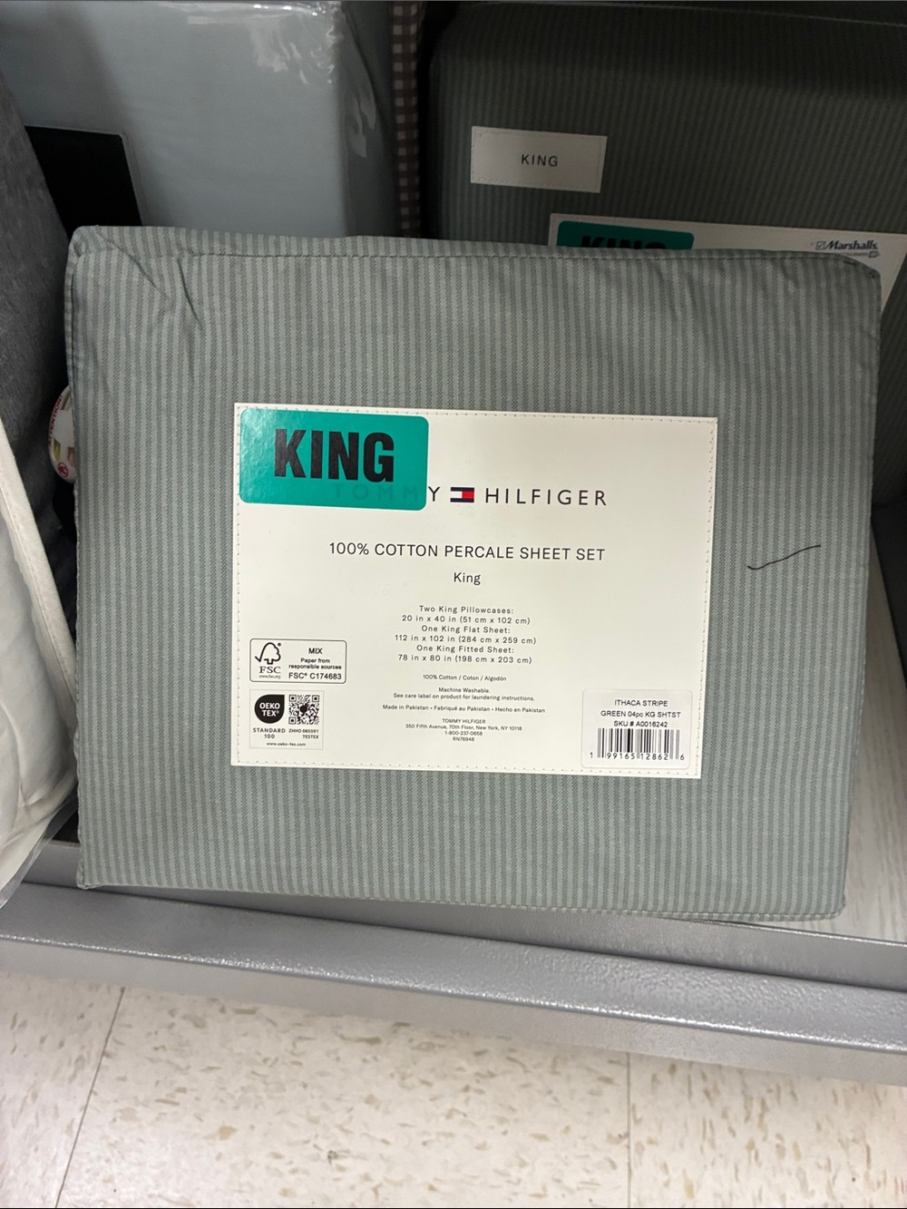 Tommy Hilfiger King Cotton Percale Sheet Set - Sage Pinstripe